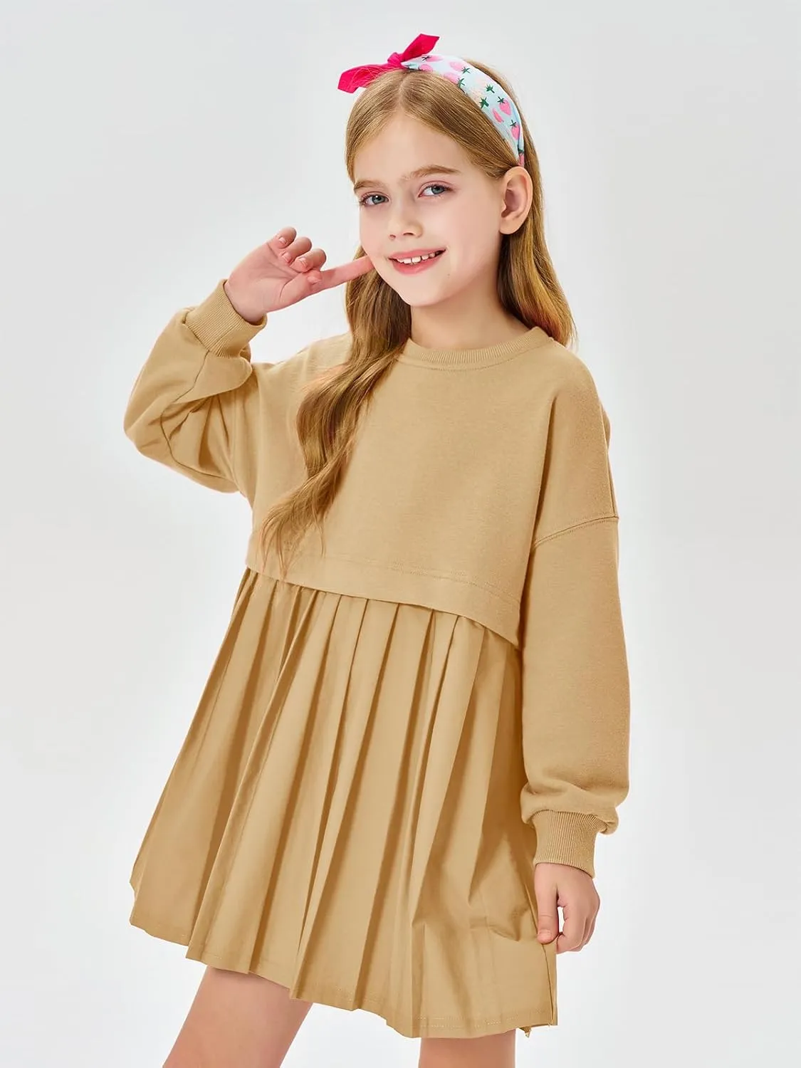 Batermoon Girls Pleated Sweatshirt Dresses Kids Fashion Long Sleeve Crew Neck Mini Dress 5-14 Years