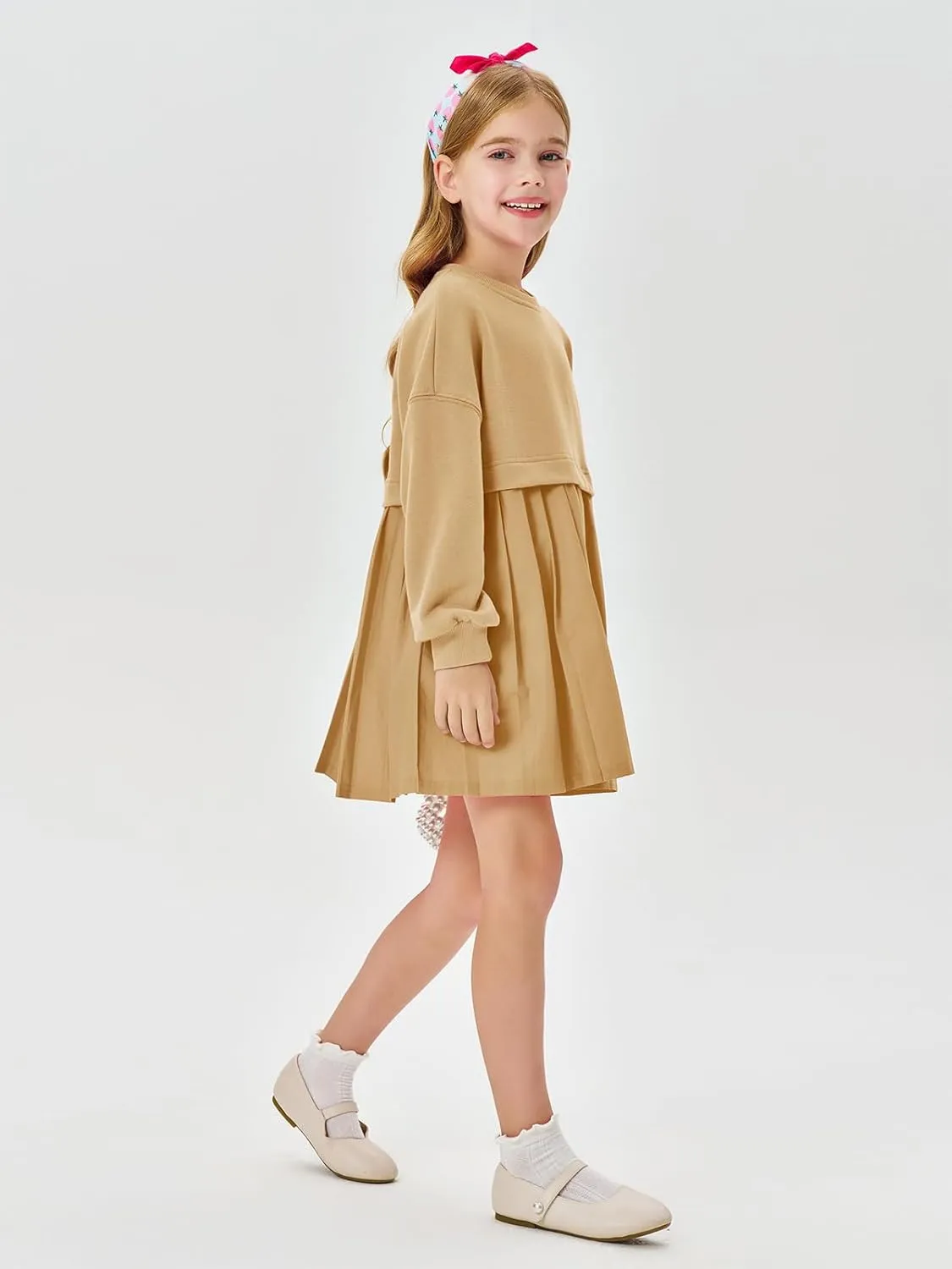 Batermoon Girls Pleated Sweatshirt Dresses Kids Fashion Long Sleeve Crew Neck Mini Dress 5-14 Years