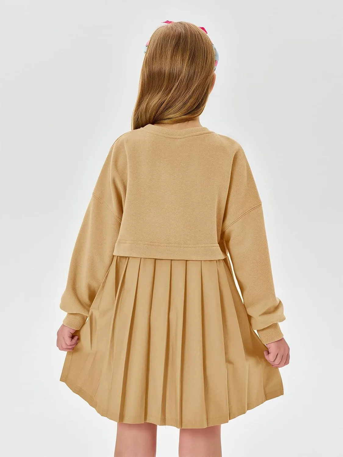 Batermoon Girls Pleated Sweatshirt Dresses Kids Fashion Long Sleeve Crew Neck Mini Dress 5-14 Years