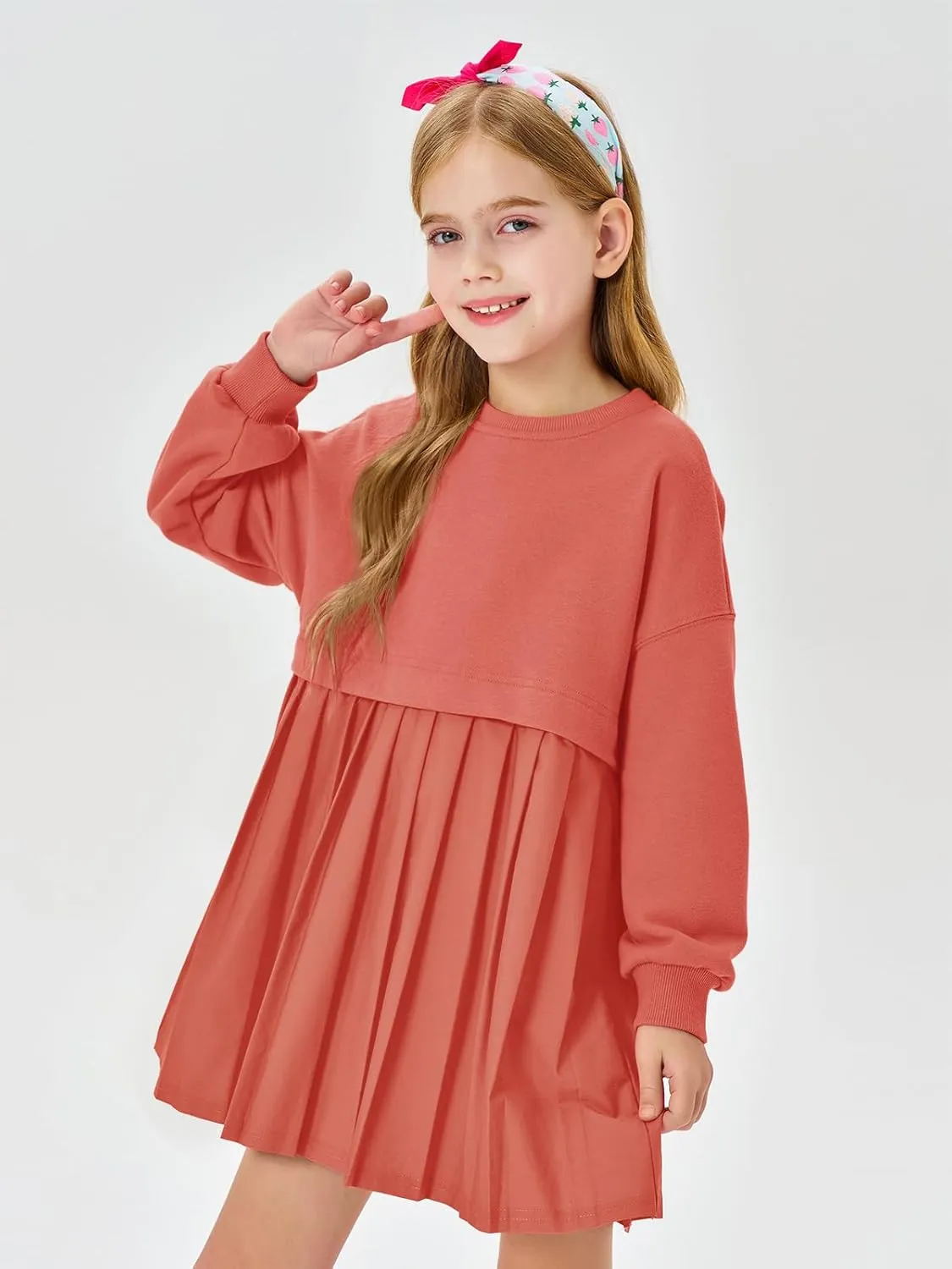 Batermoon Girls Pleated Sweatshirt Dresses Kids Fashion Long Sleeve Crew Neck Mini Dress 5-14 Years
