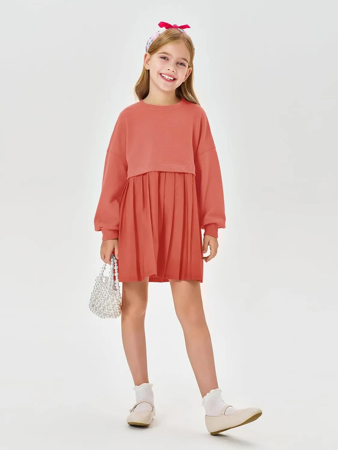 Batermoon Girls Pleated Sweatshirt Dresses Kids Fashion Long Sleeve Crew Neck Mini Dress 5-14 Years