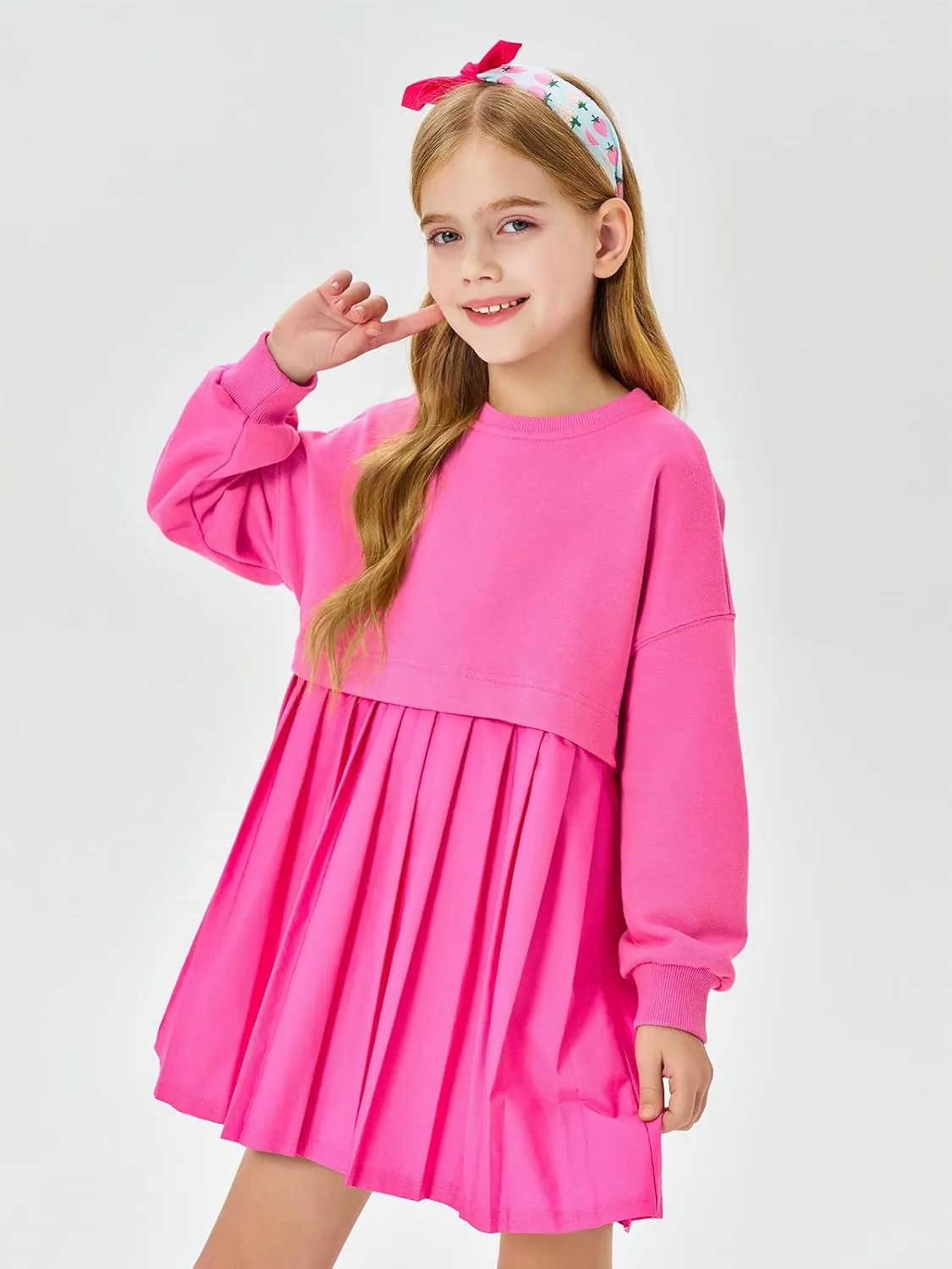 Batermoon Girls Pleated Sweatshirt Dresses Kids Fashion Long Sleeve Crew Neck Mini Dress 5-14 Years