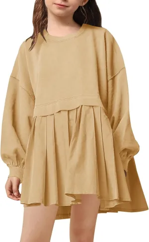 Batermoon Girls Pleated Sweatshirt Dresses Kids Fashion Long Sleeve Crew Neck Mini Dress 5-14 Years
