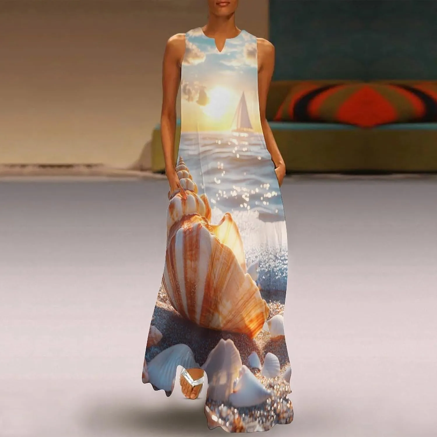 Beach Seashell Boat Sunset Women's Summer Sleeveless Dress Ruffle Flowy Casual Ankle Length Dresses with Pockets
