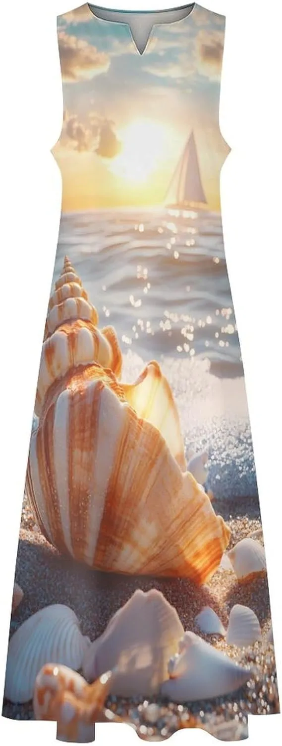 Beach Seashell Boat Sunset Women's Summer Sleeveless Dress Ruffle Flowy Casual Ankle Length Dresses with Pockets
