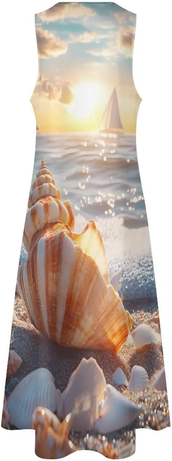 Beach Seashell Boat Sunset Women's Summer Sleeveless Dress Ruffle Flowy Casual Ankle Length Dresses with Pockets