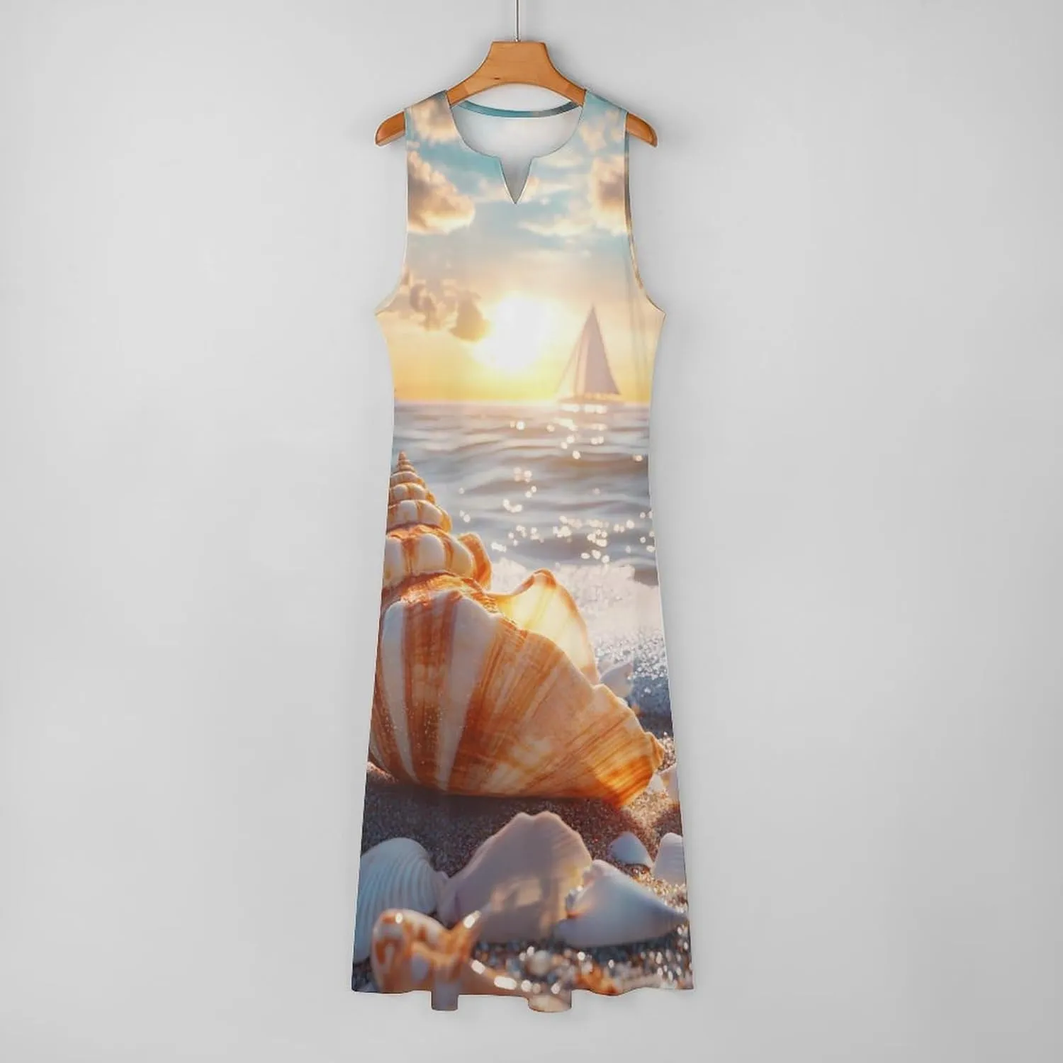 Beach Seashell Boat Sunset Women's Summer Sleeveless Dress Ruffle Flowy Casual Ankle Length Dresses with Pockets