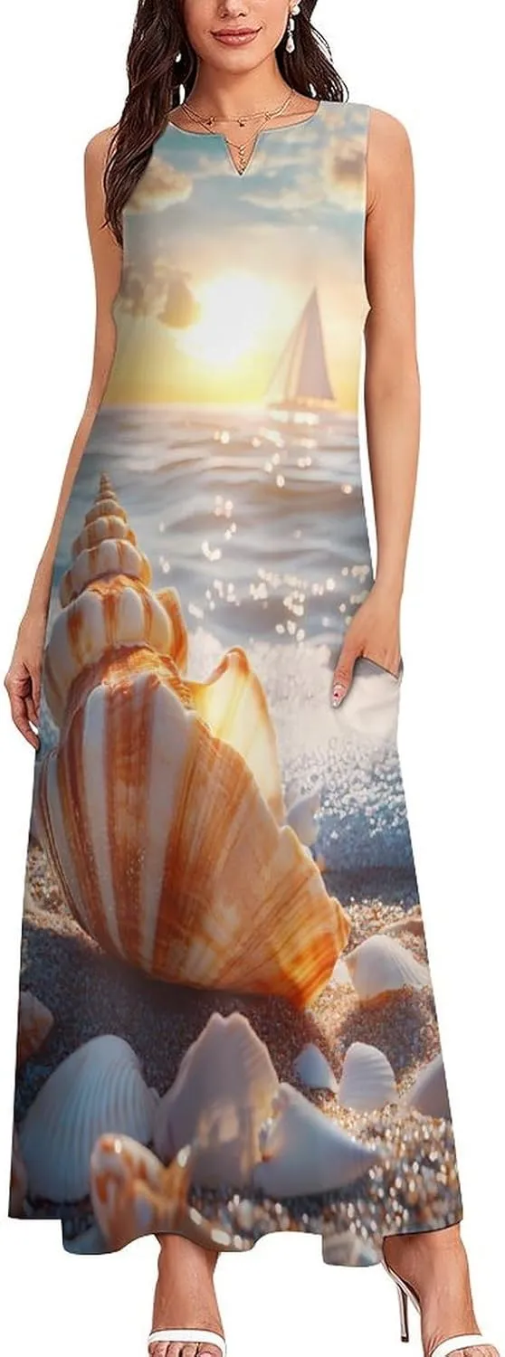 Beach Seashell Boat Sunset Women's Summer Sleeveless Dress Ruffle Flowy Casual Ankle Length Dresses with Pockets