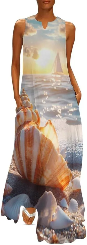 Beach Seashell Boat Sunset Women's Summer Sleeveless Dress Ruffle Flowy Casual Ankle Length Dresses with Pockets