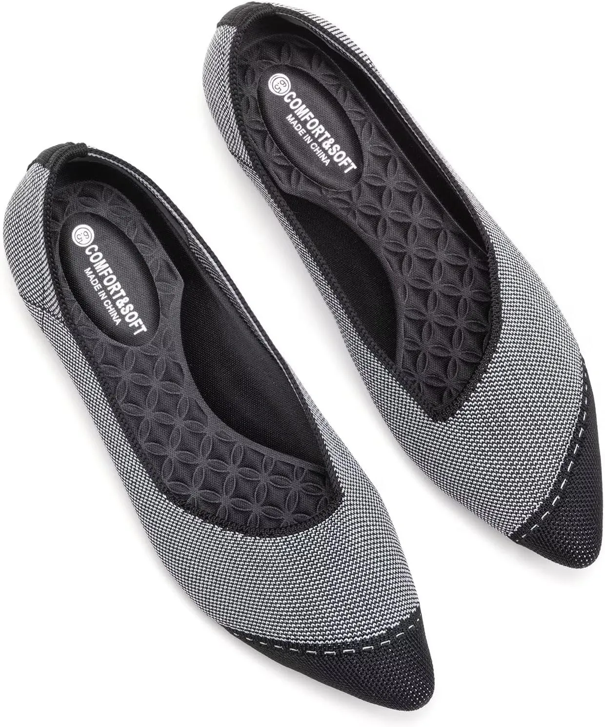 BEJINASH Women's Flat Shoes Black Pointed Toe Dress Shoes Knit Slip On Shoes Comfortable Walking Shoes for Woman Lightweight
