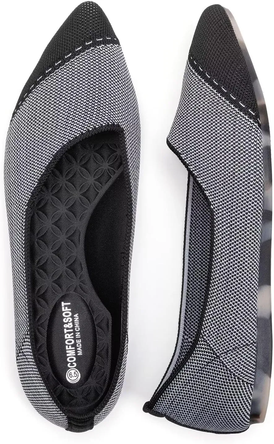 BEJINASH Women's Flat Shoes Black Pointed Toe Dress Shoes Knit Slip On Shoes Comfortable Walking Shoes for Woman Lightweight