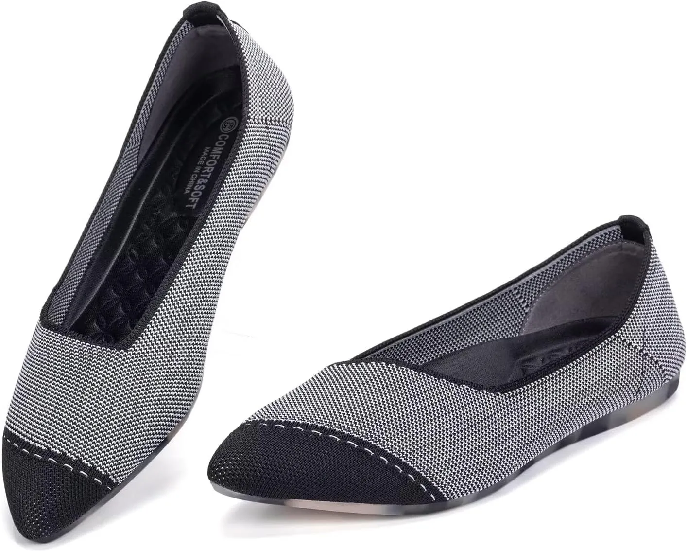 BEJINASH Women's Flat Shoes Black Pointed Toe Dress Shoes Knit Slip On Shoes Comfortable Walking Shoes for Woman Lightweight