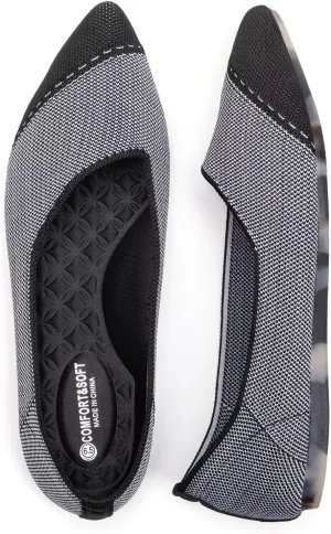 BEJINASH Women's Flat Shoes Black Pointed Toe Dress Shoes Knit Slip On Shoes Comfortable Walking Shoes for Woman Lightweight