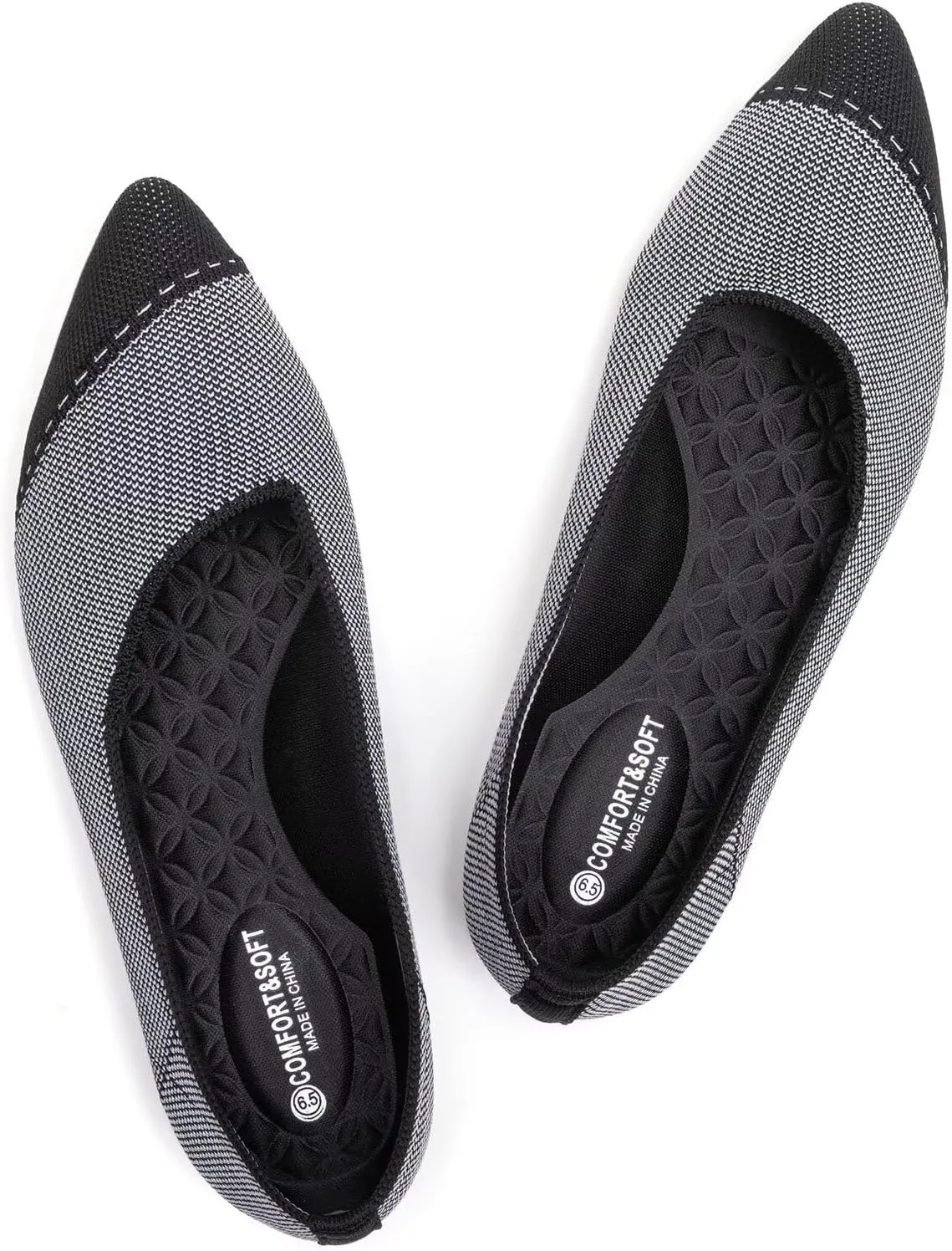 BEJINASH Women's Flat Shoes Black Pointed Toe Dress Shoes Knit Slip On Shoes Comfortable Walking Shoes for Woman Lightweight