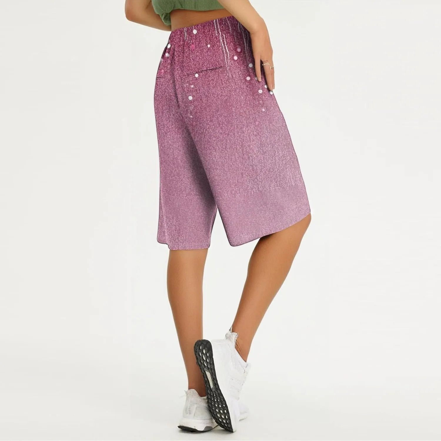 Bermuda Shorts for Women Linen Knee Length Elastic High Rise Drawstring 2025 Summer Casual Short with Pockets