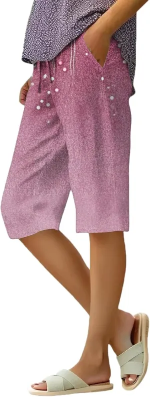 Bermuda Shorts for Women Linen Knee Length Elastic High Rise Drawstring 2025 Summer Casual Short with Pockets