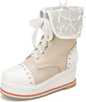Betastella Women's Cute Platform Wedges Brogues Booties Heeled Kawaii Lace Up Ankle Boots
