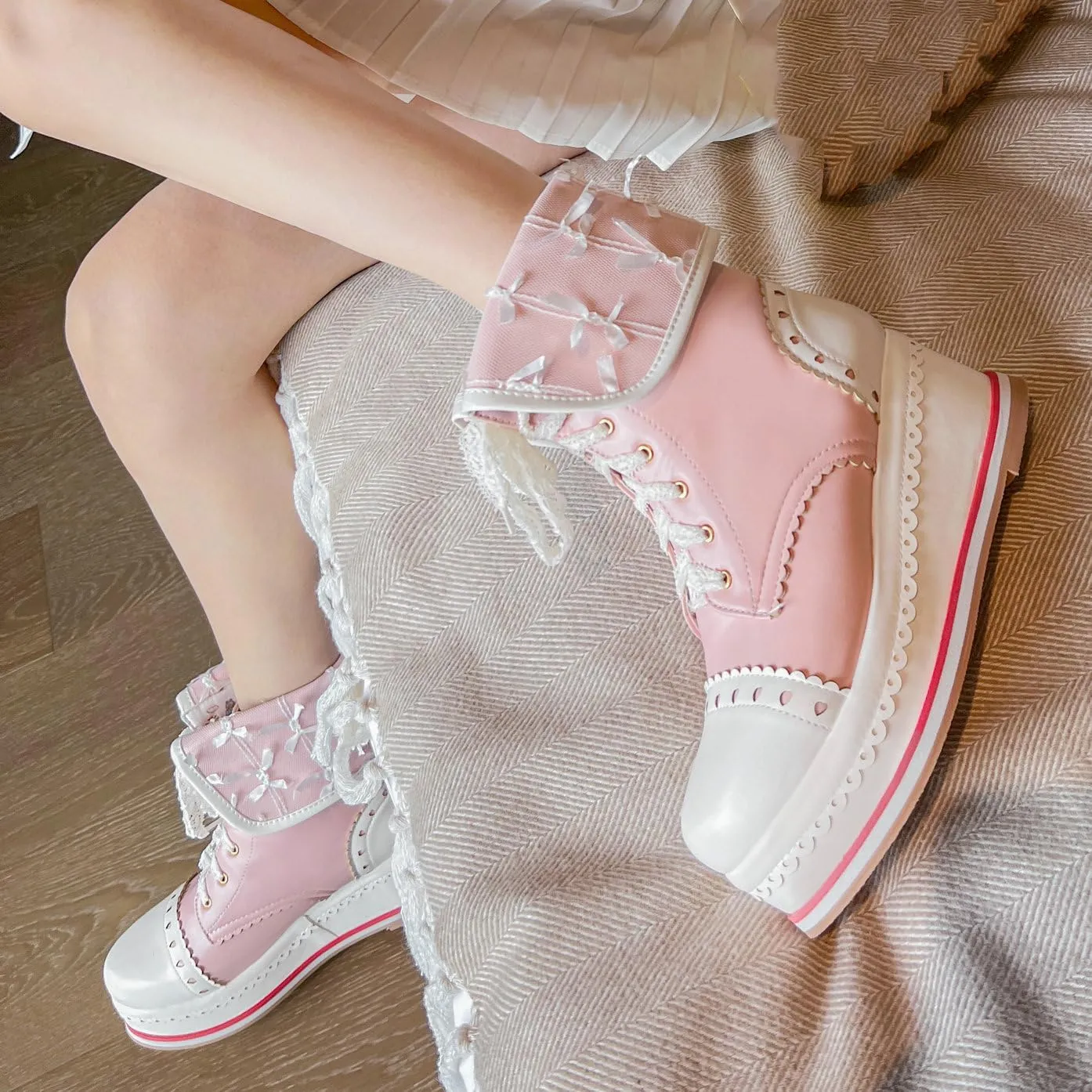 Betastella Women's Cute Platform Wedges Brogues Booties Heeled Kawaii Lace Up Ankle Boots