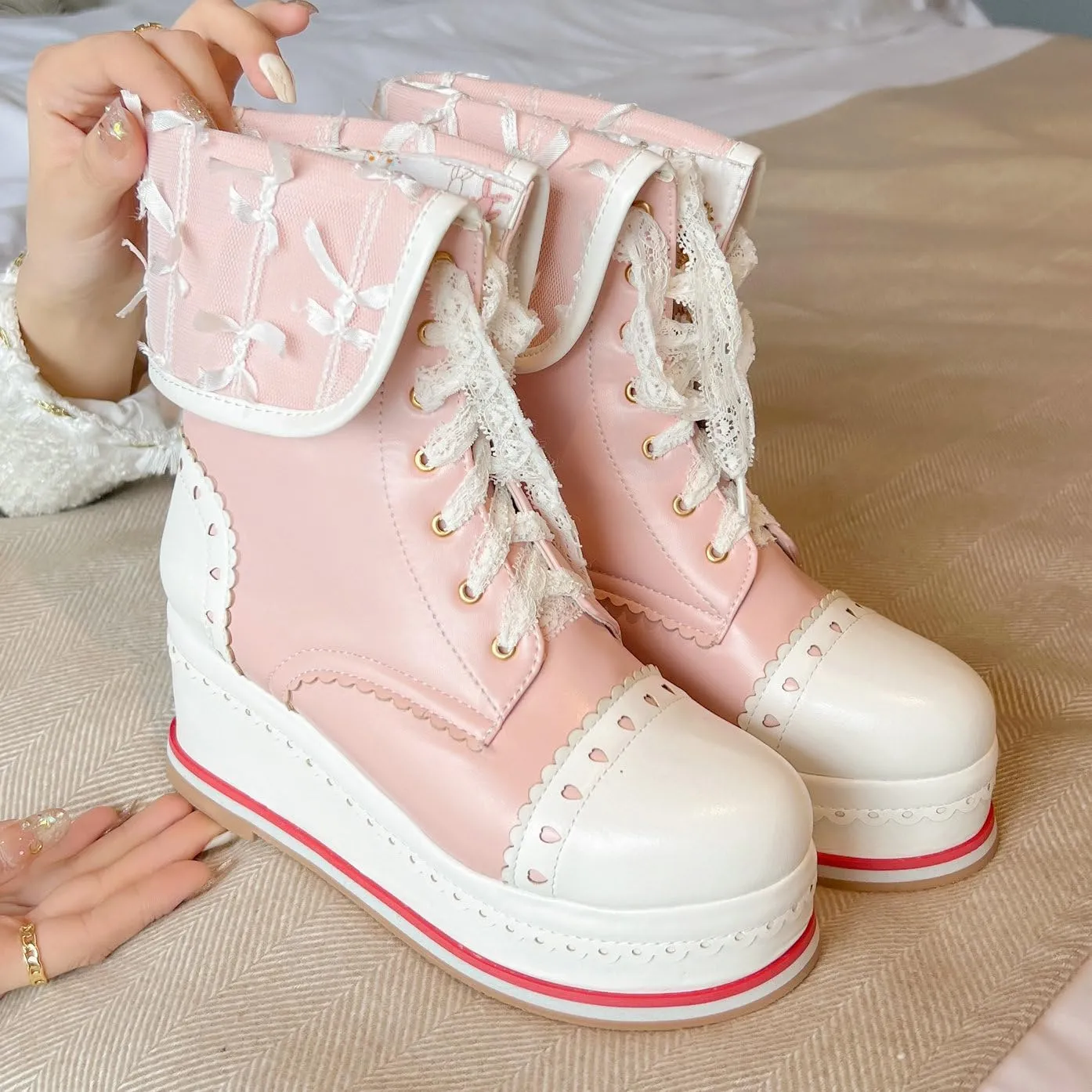 Betastella Women's Cute Platform Wedges Brogues Booties Heeled Kawaii Lace Up Ankle Boots