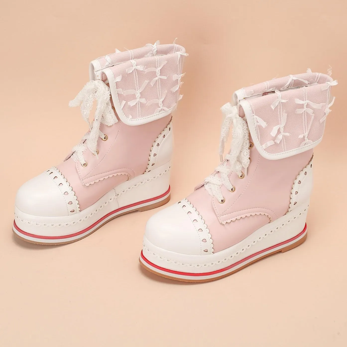 Betastella Women's Cute Platform Wedges Brogues Booties Heeled Kawaii Lace Up Ankle Boots