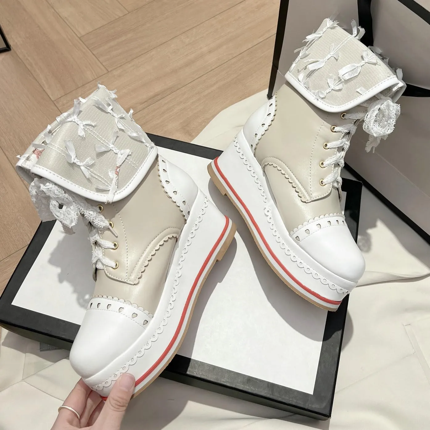 Betastella Women's Cute Platform Wedges Brogues Booties Heeled Kawaii Lace Up Ankle Boots