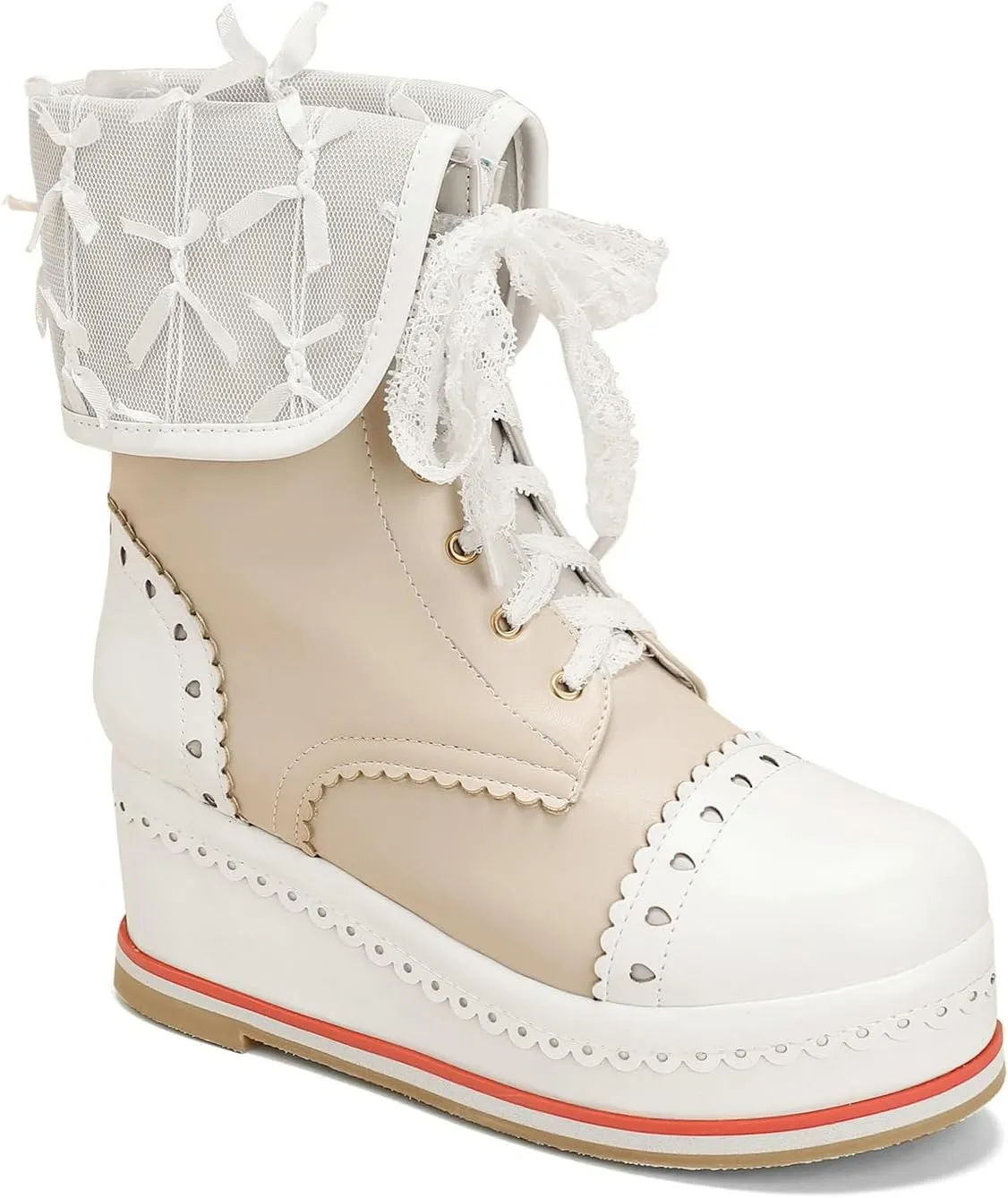 Betastella Women's Cute Platform Wedges Brogues Booties Heeled Kawaii Lace Up Ankle Boots
