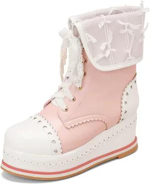 Betastella Women's Cute Platform Wedges Brogues Booties Heeled Kawaii Lace Up Ankle Boots