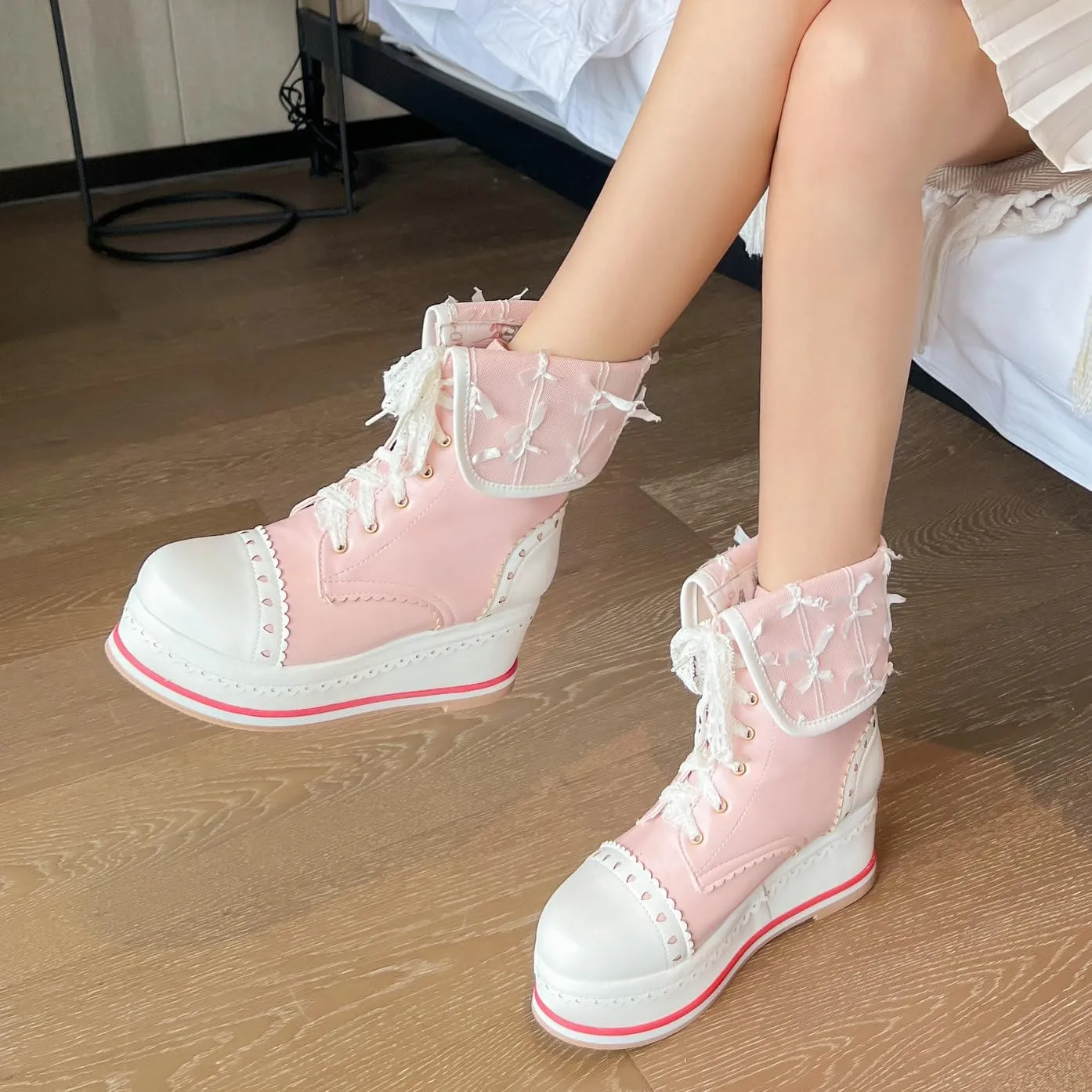 Betastella Women's Cute Platform Wedges Brogues Booties Heeled Kawaii Lace Up Ankle Boots