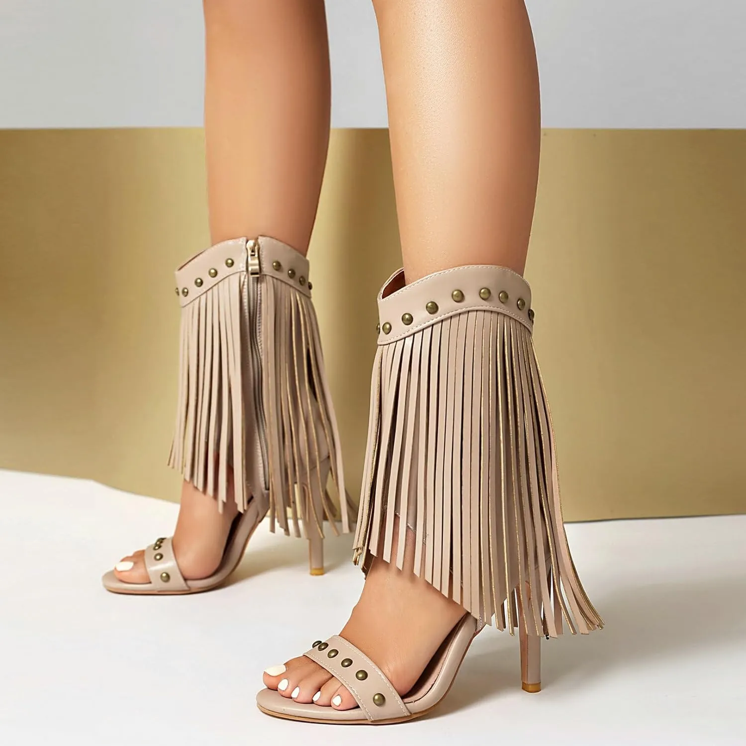 Betastella Womens Open Toe Stiletto High Heels Fringe Cowboy Sandals Vintage Studded Summer Ankle Cowgirl Boots Elegant Dress Shoes
