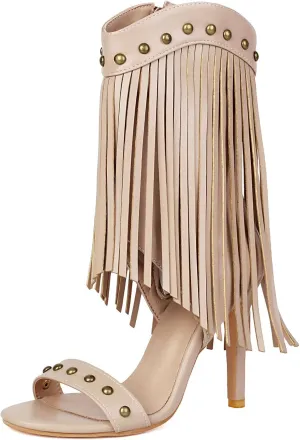 Betastella Womens Open Toe Stiletto High Heels Fringe Cowboy Sandals Vintage Studded Summer Ankle Cowgirl Boots Elegant Dress Shoes