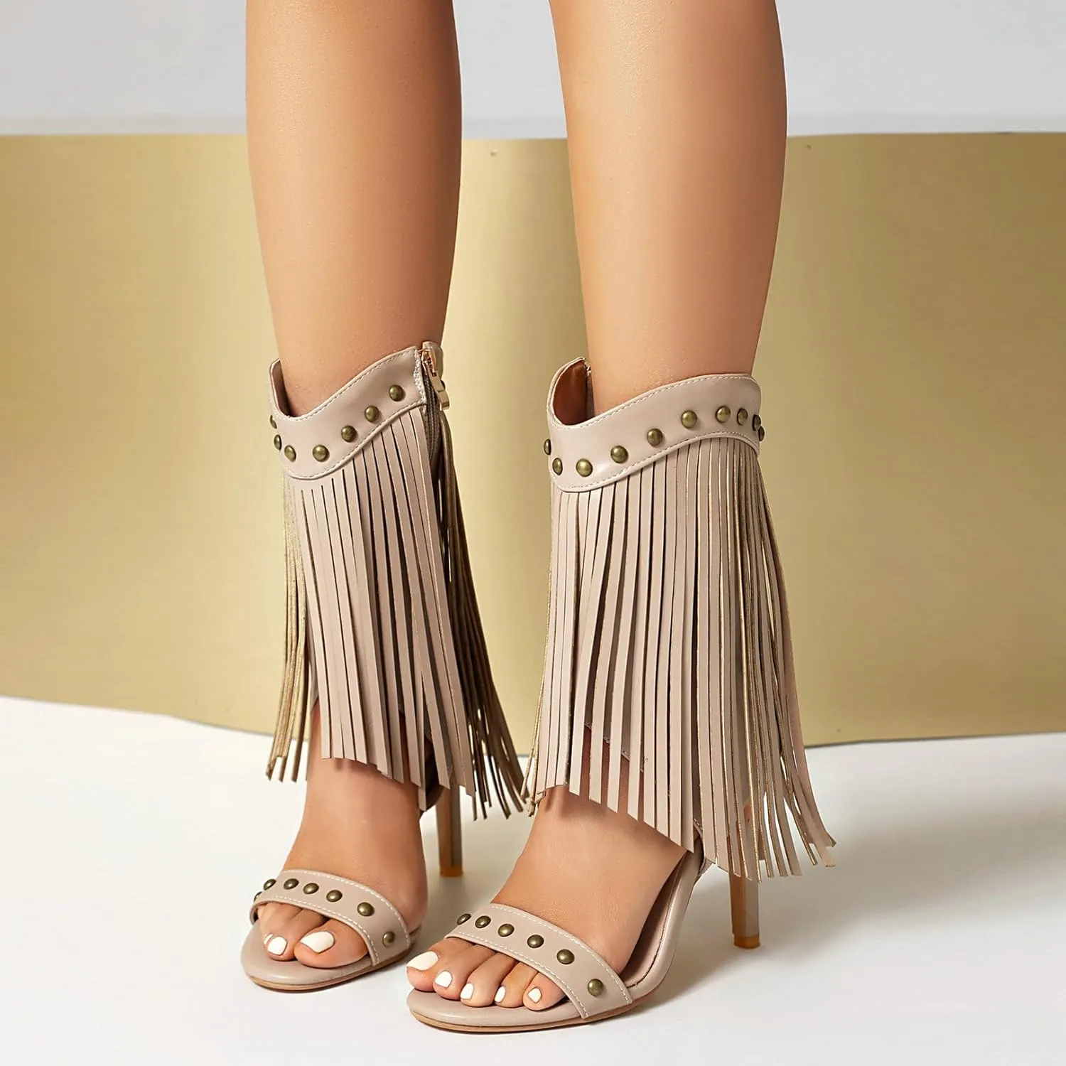 Betastella Womens Open Toe Stiletto High Heels Fringe Cowboy Sandals Vintage Studded Summer Ankle Cowgirl Boots Elegant Dress Shoes
