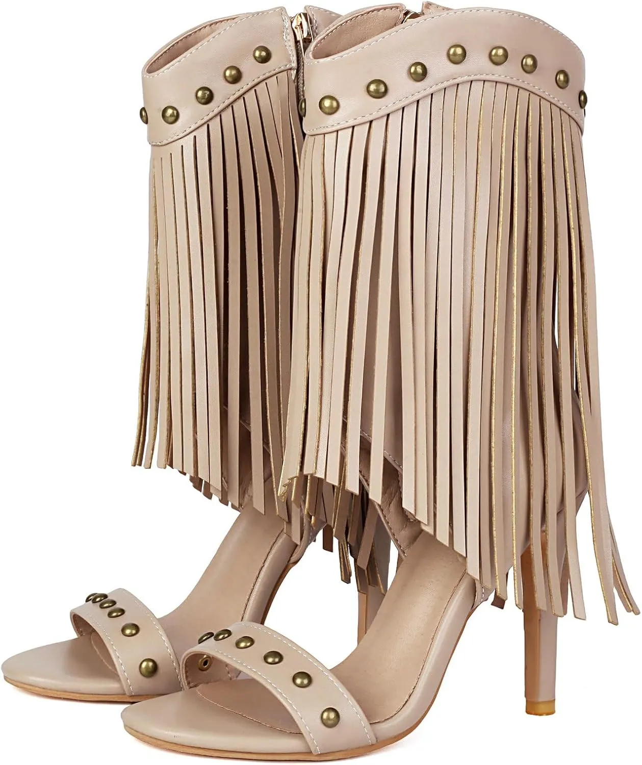 Betastella Womens Open Toe Stiletto High Heels Fringe Cowboy Sandals Vintage Studded Summer Ankle Cowgirl Boots Elegant Dress Shoes