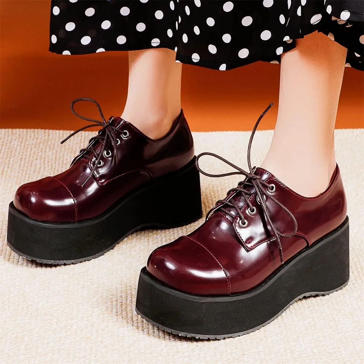 Betastella Women's Platform Oxfords Goth Wedge Patent Leather Lace Up Gothic Shoes