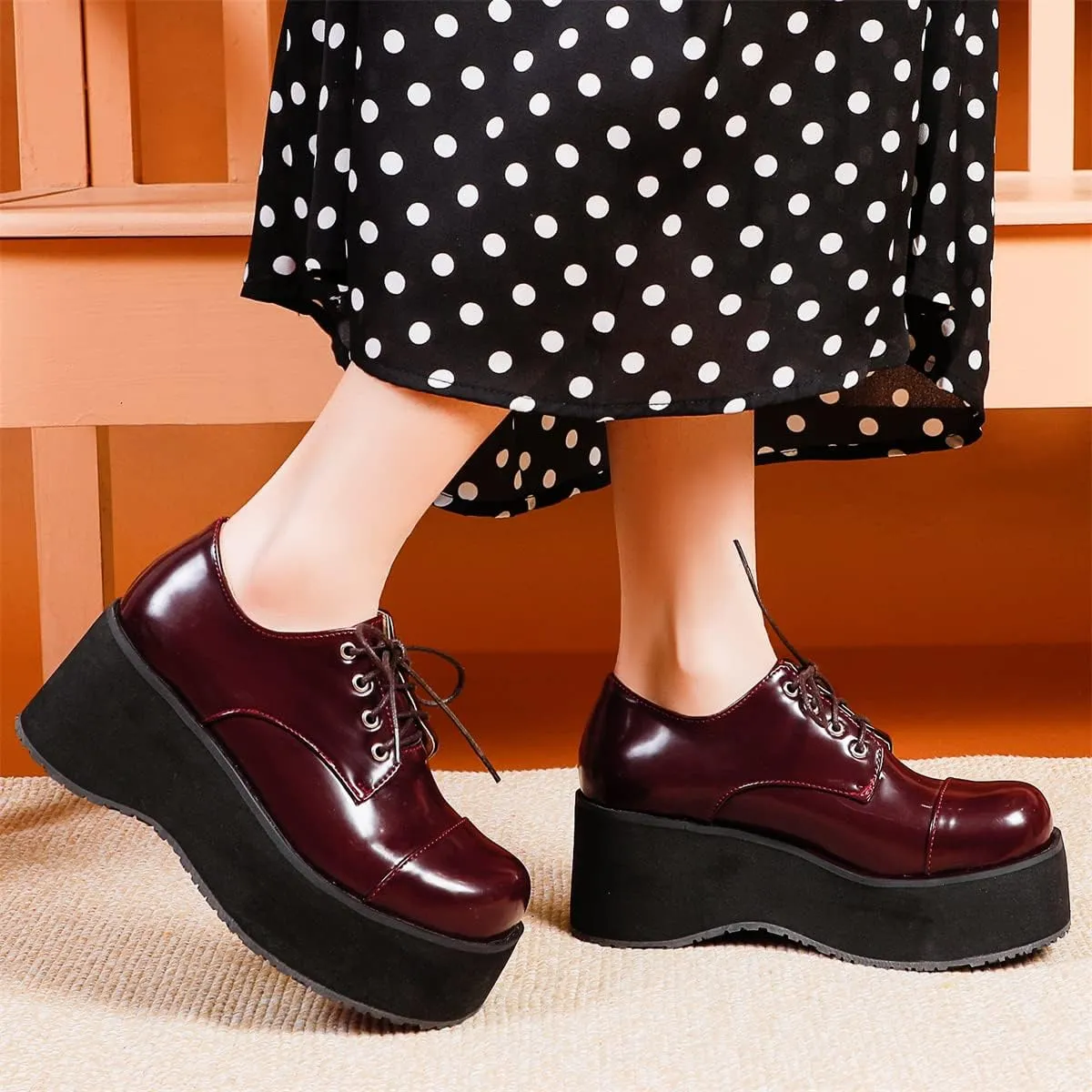 Betastella Women's Platform Oxfords Goth Wedge Patent Leather Lace Up Gothic Shoes