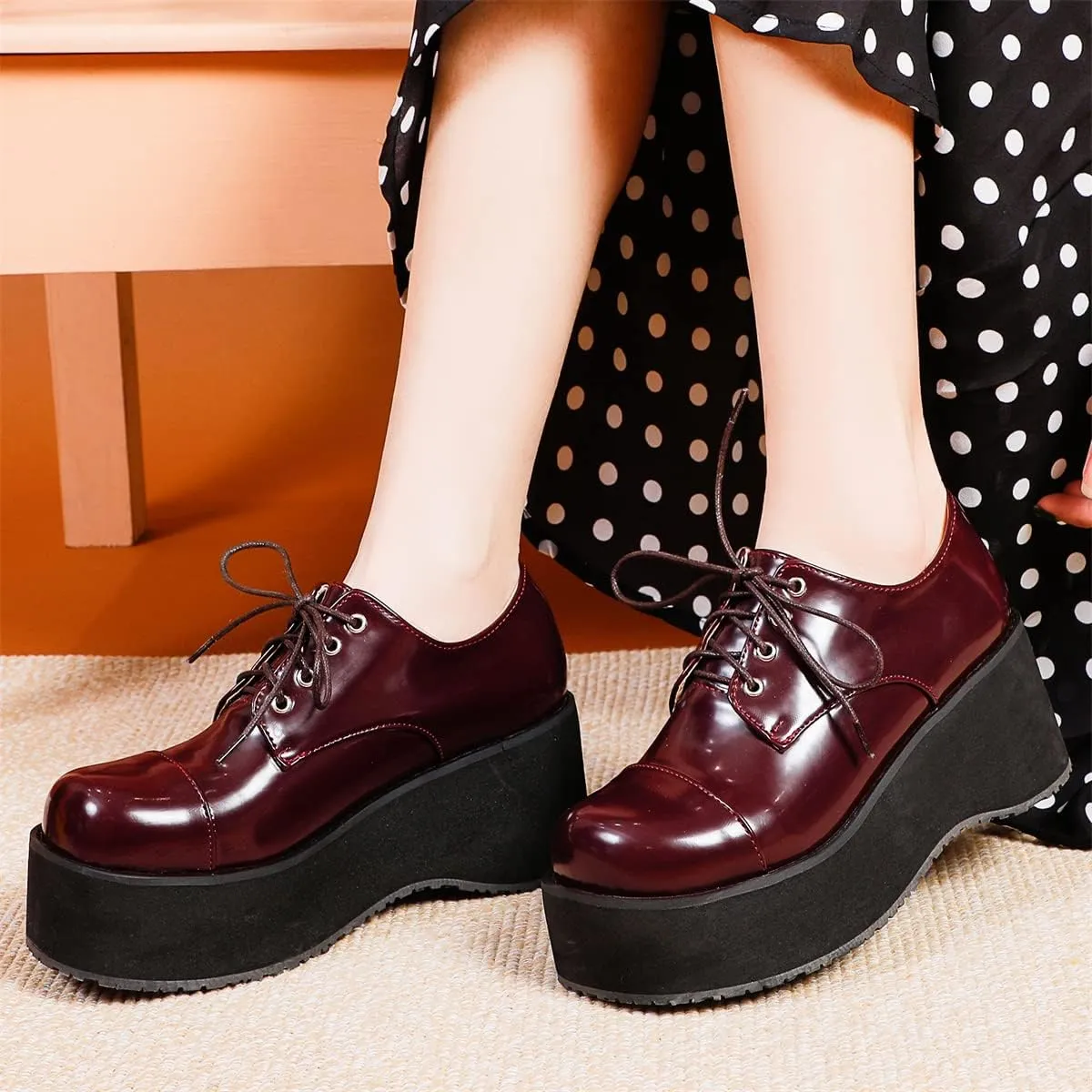 Betastella Women's Platform Oxfords Goth Wedge Patent Leather Lace Up Gothic Shoes