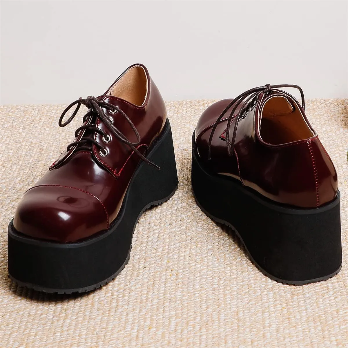 Betastella Women's Platform Oxfords Goth Wedge Patent Leather Lace Up Gothic Shoes