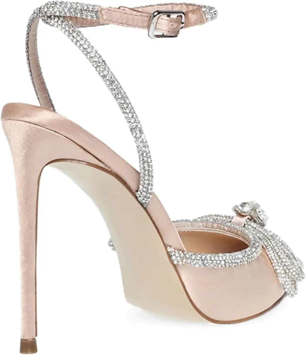 Bieosnli Women's Satin Lace Up High Heel Sandals Ankle Buckle Straps Pump Rhinestone Strip Bowknot Pointed Toe Stiletto Sandals