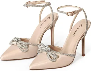 Bieosnli Women's Satin Lace Up High Heel Sandals Ankle Buckle Straps Pump Rhinestone Strip Bowknot Pointed Toe Stiletto Sandals
