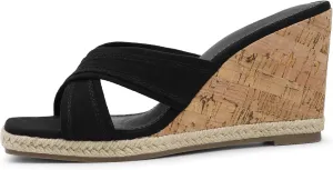 Bigwow Women's Wedge Heels Square Open Toe Platform Wedges Sandal Dressy Sandals Casual Slip-On Summer Beach Shoes (Black, US7)