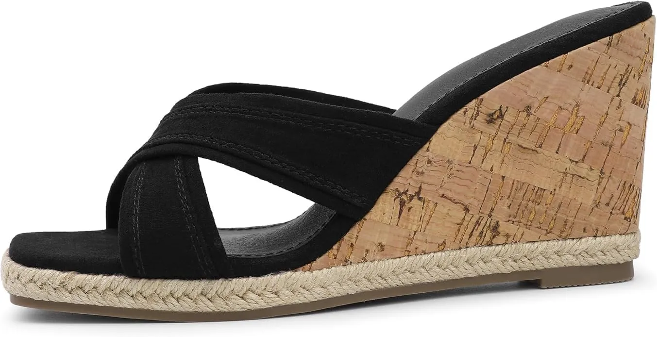 Bigwow Women's Wedge Heels Square Open Toe Platform Wedges Sandal Dressy Sandals Casual Slip-On Summer Beach Shoes (Black, US7)