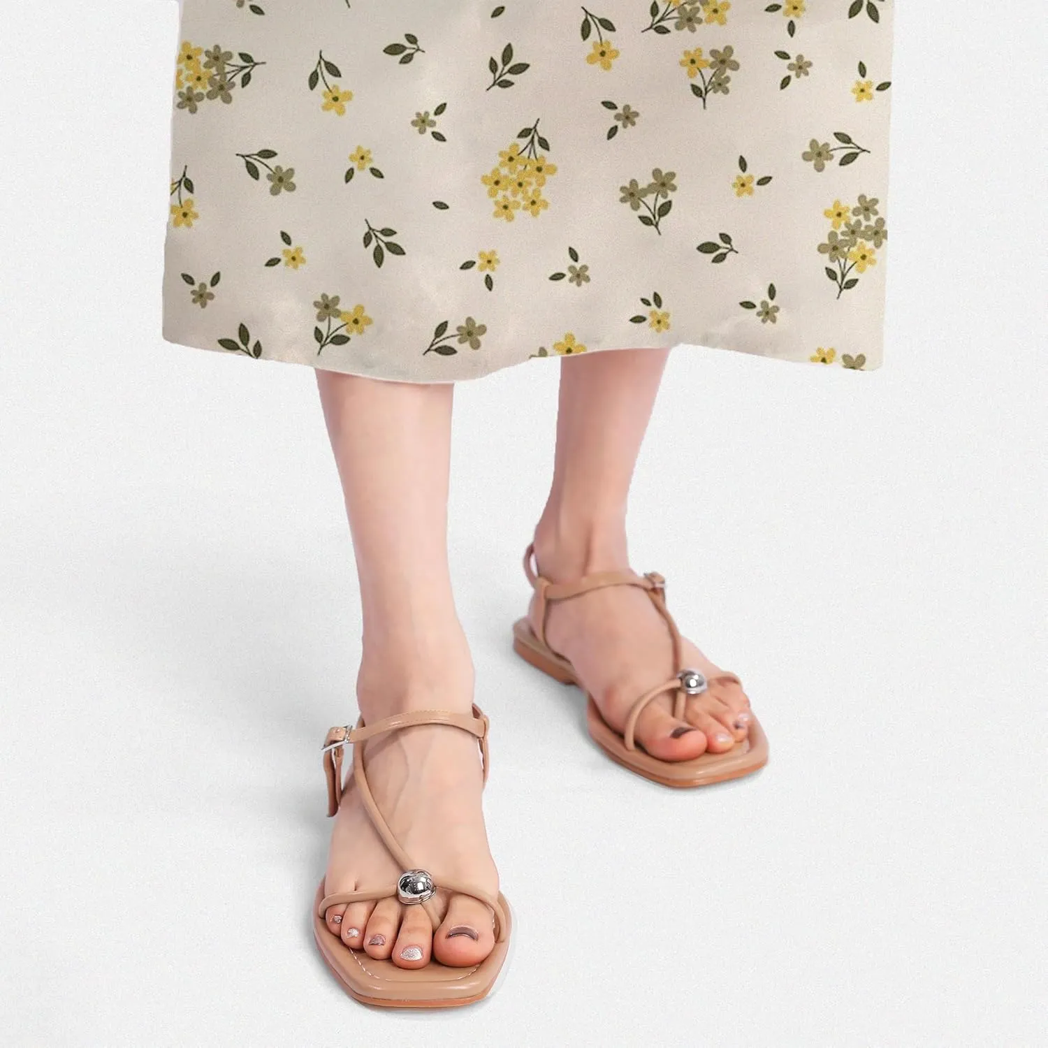 Black Flat Sandals for Women with Buckle Strappy Comfortable Silver Ball Square Open Toe Beach Thong Flip Flop Sandals Ring Toe Wedding Dress Shoes for Women.