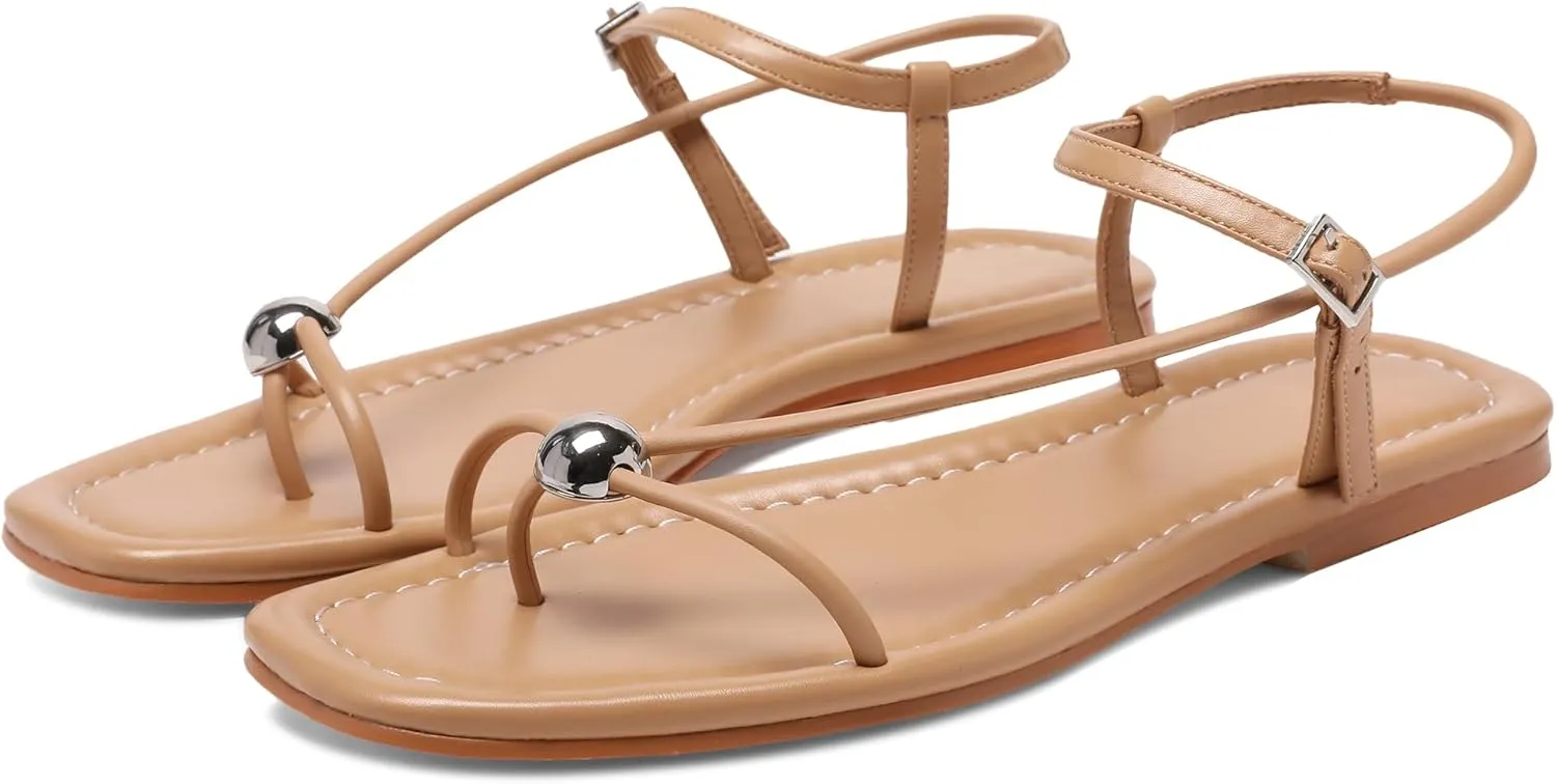 Black Flat Sandals for Women with Buckle Strappy Comfortable Silver Ball Square Open Toe Beach Thong Flip Flop Sandals Ring Toe Wedding Dress Shoes for Women.