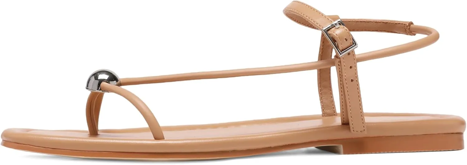 Black Flat Sandals for Women with Buckle Strappy Comfortable Silver Ball Square Open Toe Beach Thong Flip Flop Sandals Ring Toe Wedding Dress Shoes for Women.