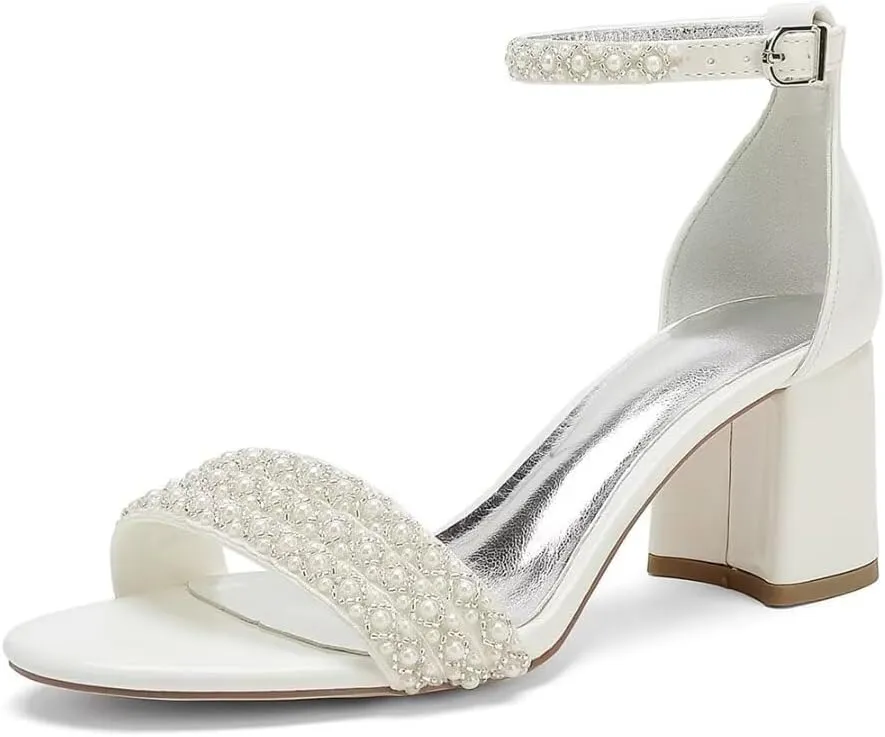 Block Heels Pearls Wedding Sandals Open Toe Ankle Strap Evening Party Summer Shoes