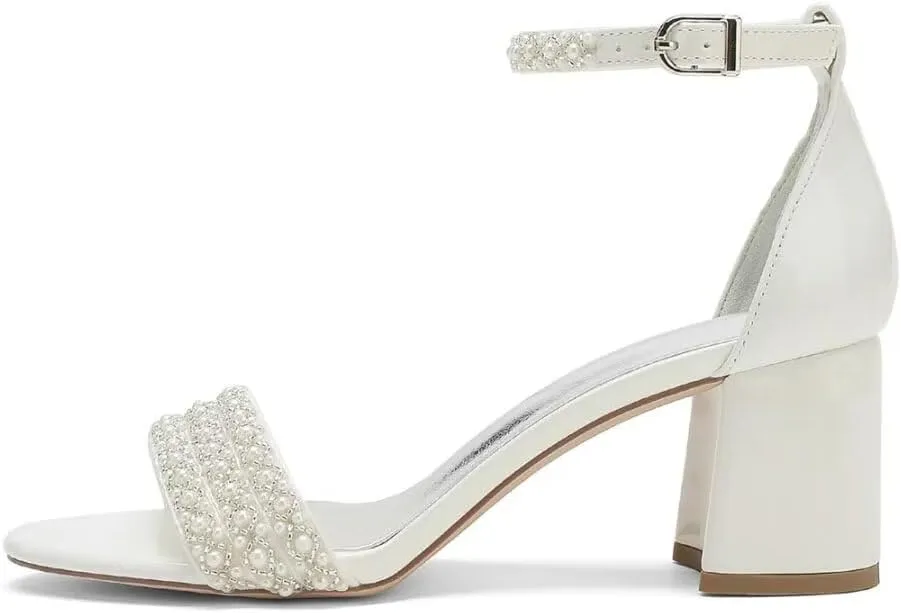 Block Heels Pearls Wedding Sandals Open Toe Ankle Strap Evening Party Summer Shoes