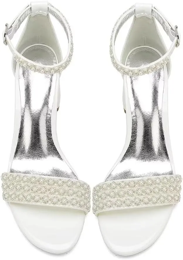 Block Heels Pearls Wedding Sandals Open Toe Ankle Strap Evening Party Summer Shoes