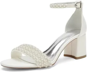 Block Heels Pearls Wedding Sandals Open Toe Ankle Strap Evening Party Summer Shoes