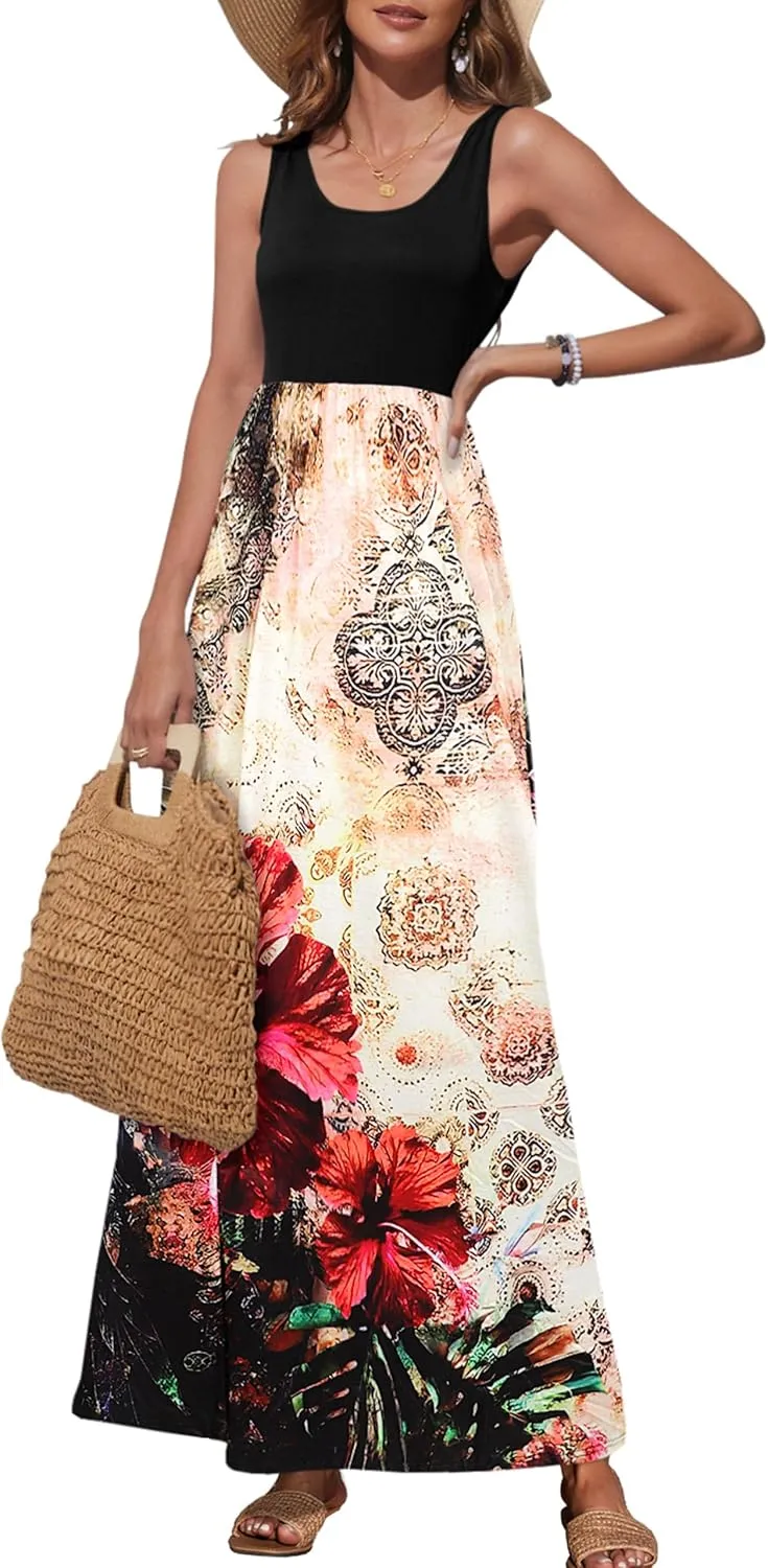 Bluetime Women's Summer Boho Sleeveless Floral Print Tank Long Maxi Dress (S-3XL)