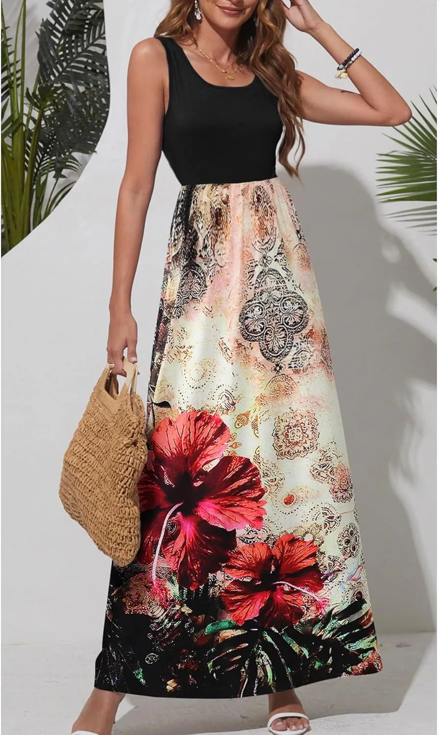 Bluetime Women's Summer Boho Sleeveless Floral Print Tank Long Maxi Dress (S-3XL)