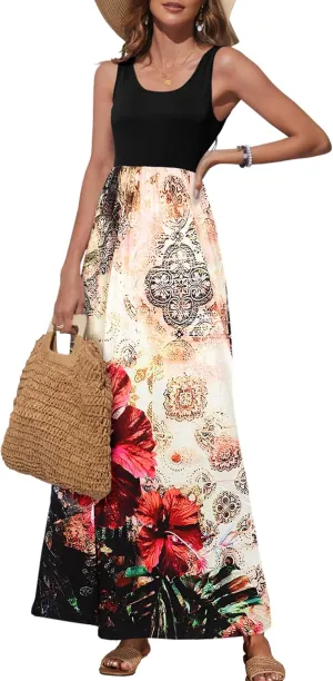 Bluetime Women's Summer Boho Sleeveless Floral Print Tank Long Maxi Dress (S-3XL)